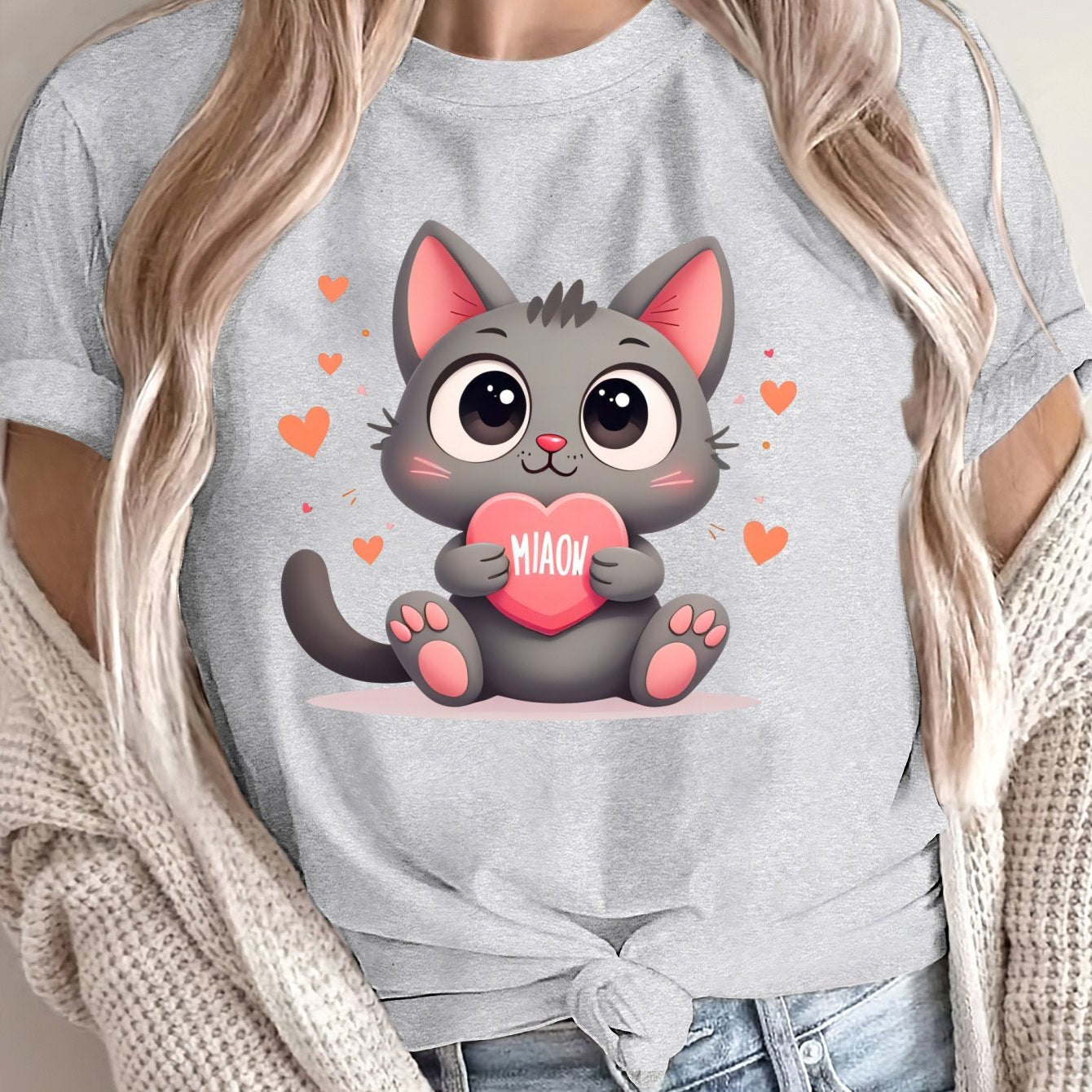 Camiseta de gran tamaño para mujer de corte holgado, algodón suave y transpirable, camiseta con gráfico de gato