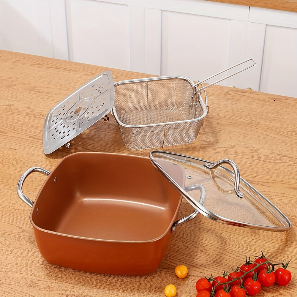 Juego de freidora profunda de acero inoxidable con base de inducción, tapa, cesta de malla y vaporizador