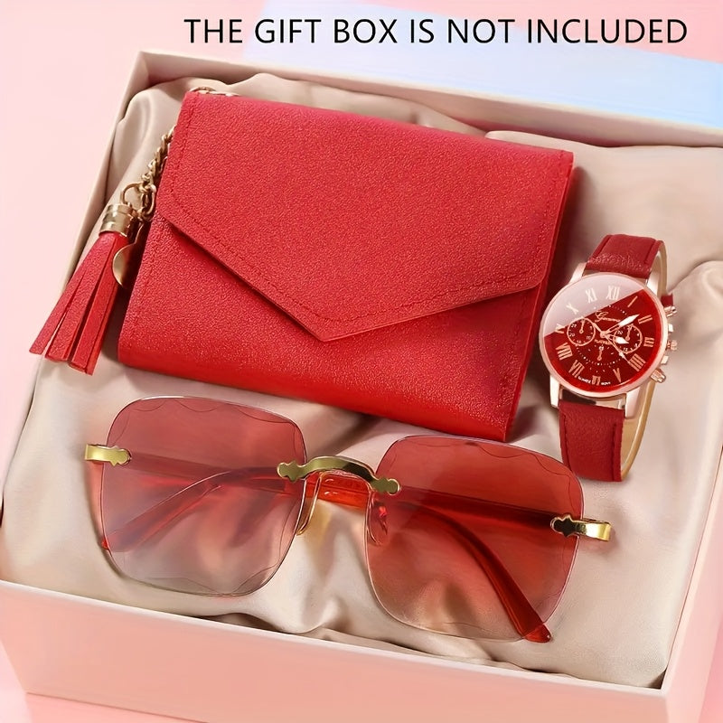 Women's Quartz Watch and Fashion Glasses Set with Bow Wallet