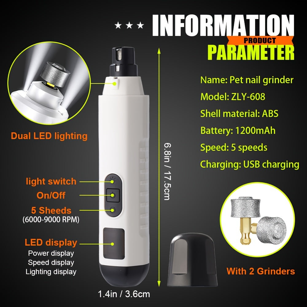 Pet Nail Grinder with 2 LED Lights, 5-Speed Rechargeable Electric Trimmer for Dogs