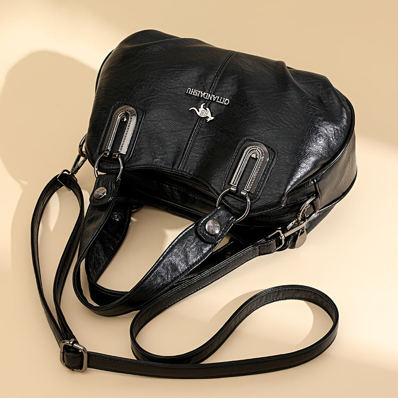 Ayollar uchun tasodifiy qora tote sumka, zip yopilishi va polyester ichki qismi bilan