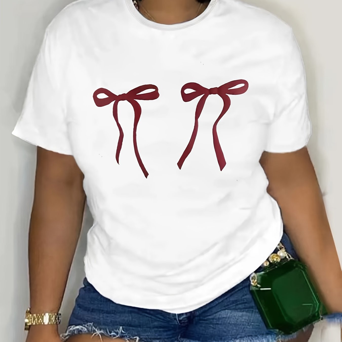 Women's Loose Cotton Bow Tie T-Shirt with Short Sleeves