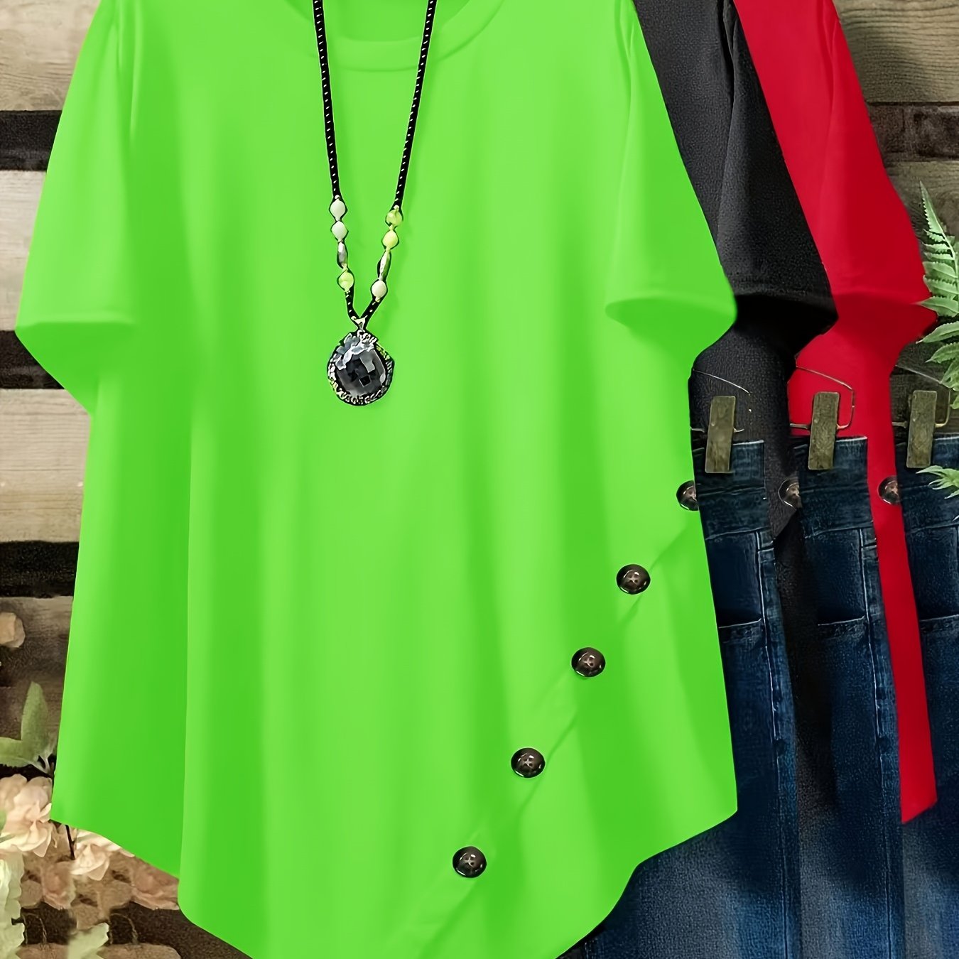 Women's Plus Size Loose Fit Short Sleeve Casual T-Shirts with Button and Asymmetrical Hem