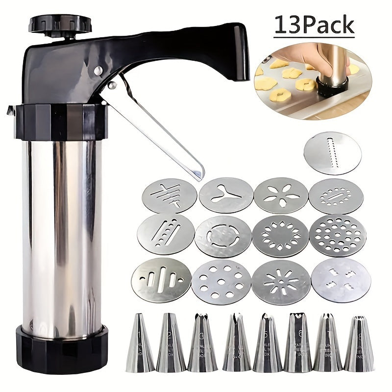 22-Piece Stainless Steel Cookie Press Kit with 13 Discs and 8 Icing Tips for Baking and Decorating