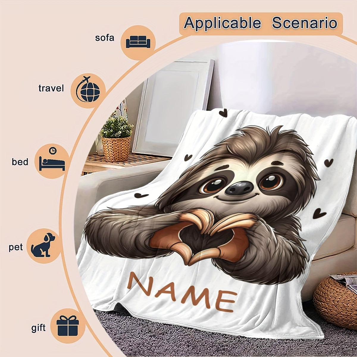 Personalized Sloth Heart Gesture Flannel Fleece Throw Blanket Cozy Skin-Friendly Quilted for Home Office Sofa
