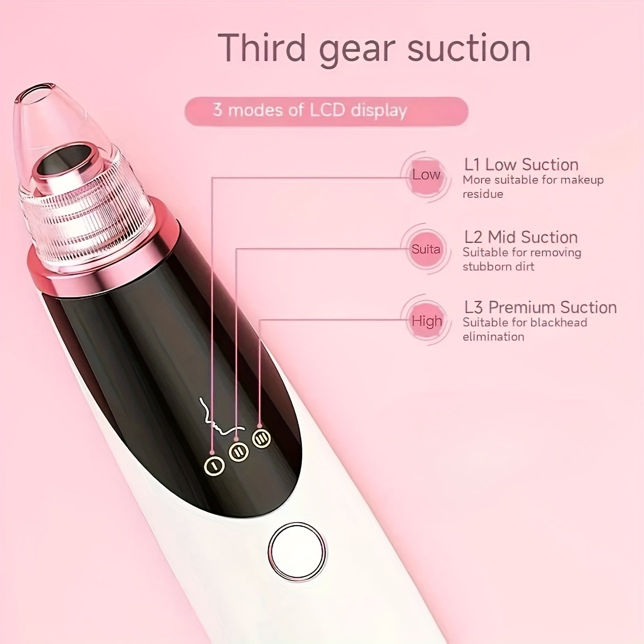 USB Rechargeable Blackhead Remover with Rose Gold Accents Multiple Heads Gentle and Fast Modes