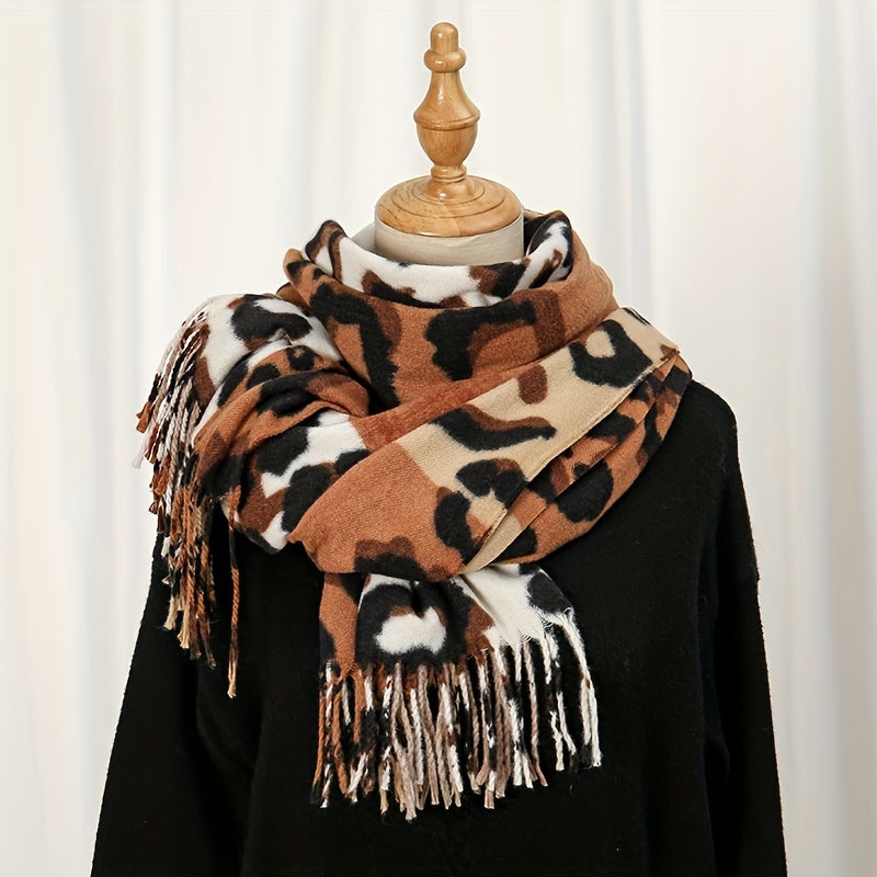 Color Block Leopard Print Scarf for Men, Warm Woven Polyester Shawl