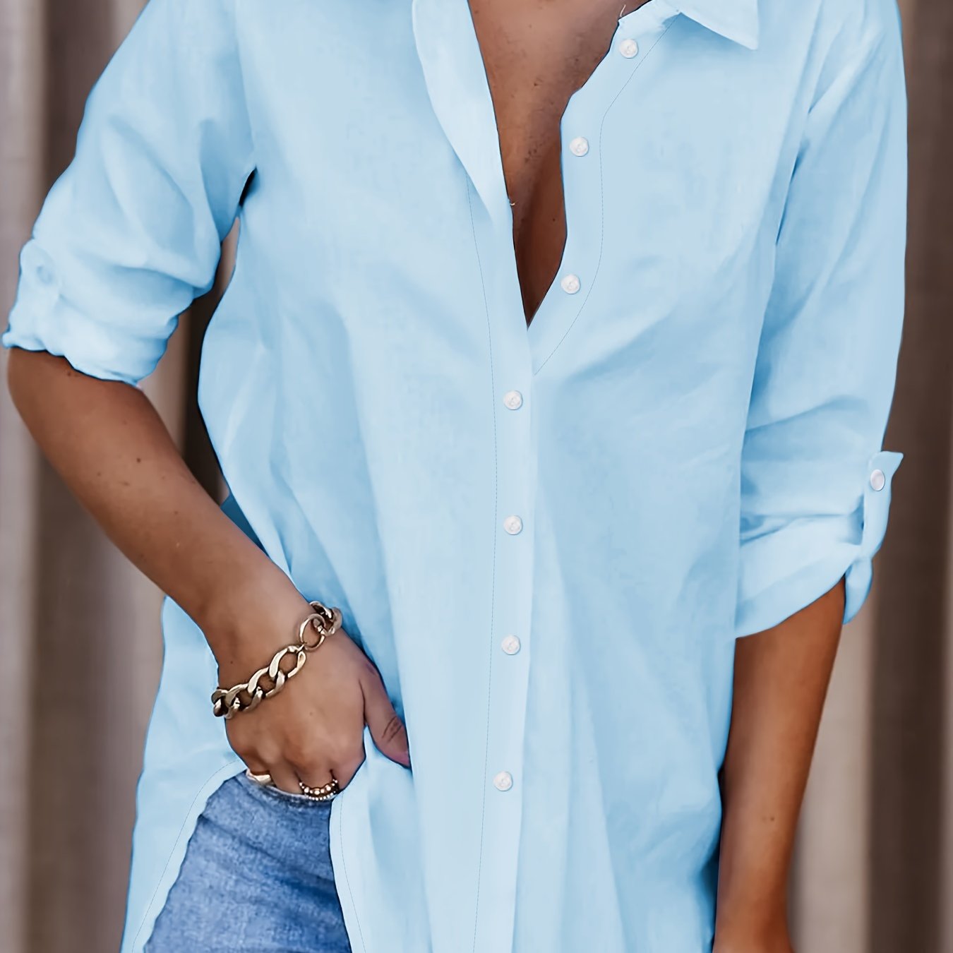 Plus Size Women's Solid Polyester Button Front Shirt with Roll-Up Sleeves for Spring and Fall