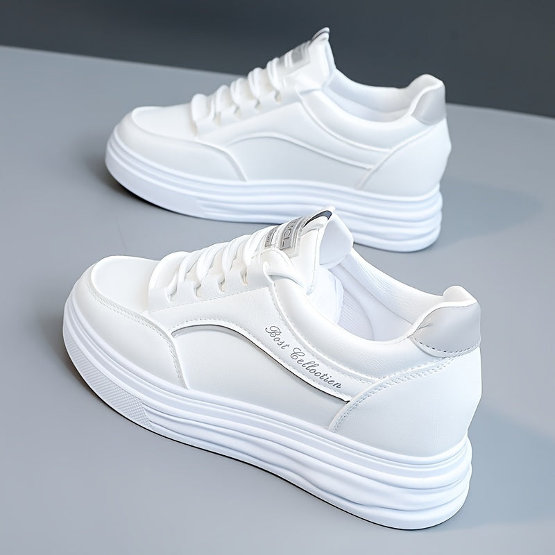 Women's White Lace-Up Sneakers with Thick Soles Water-Resistant Casual Shoes