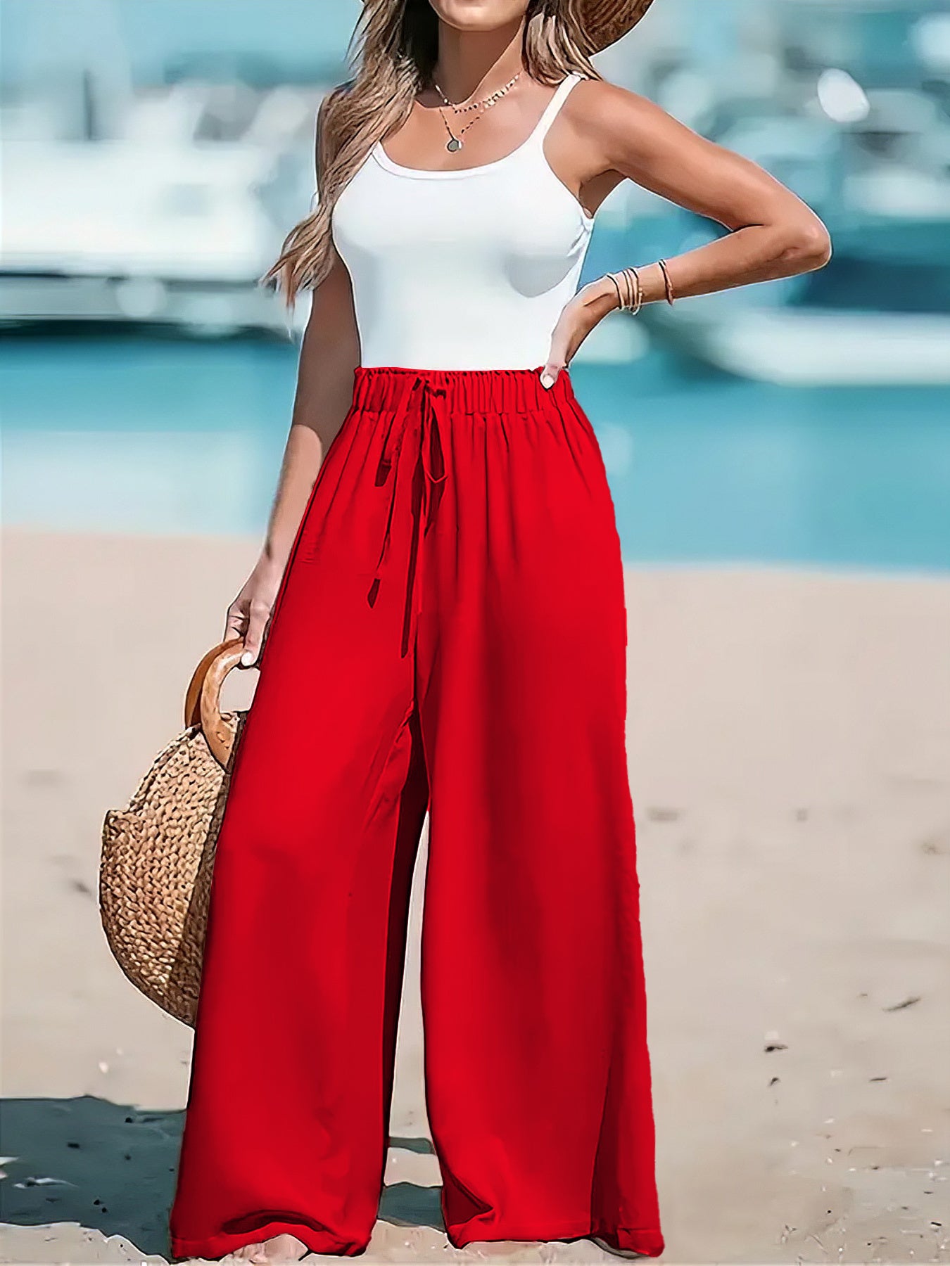 Pantalones de mujer de talla grande en verde esmeralda con pierna ancha, cintura elástica, ropa de playa y vacaciones