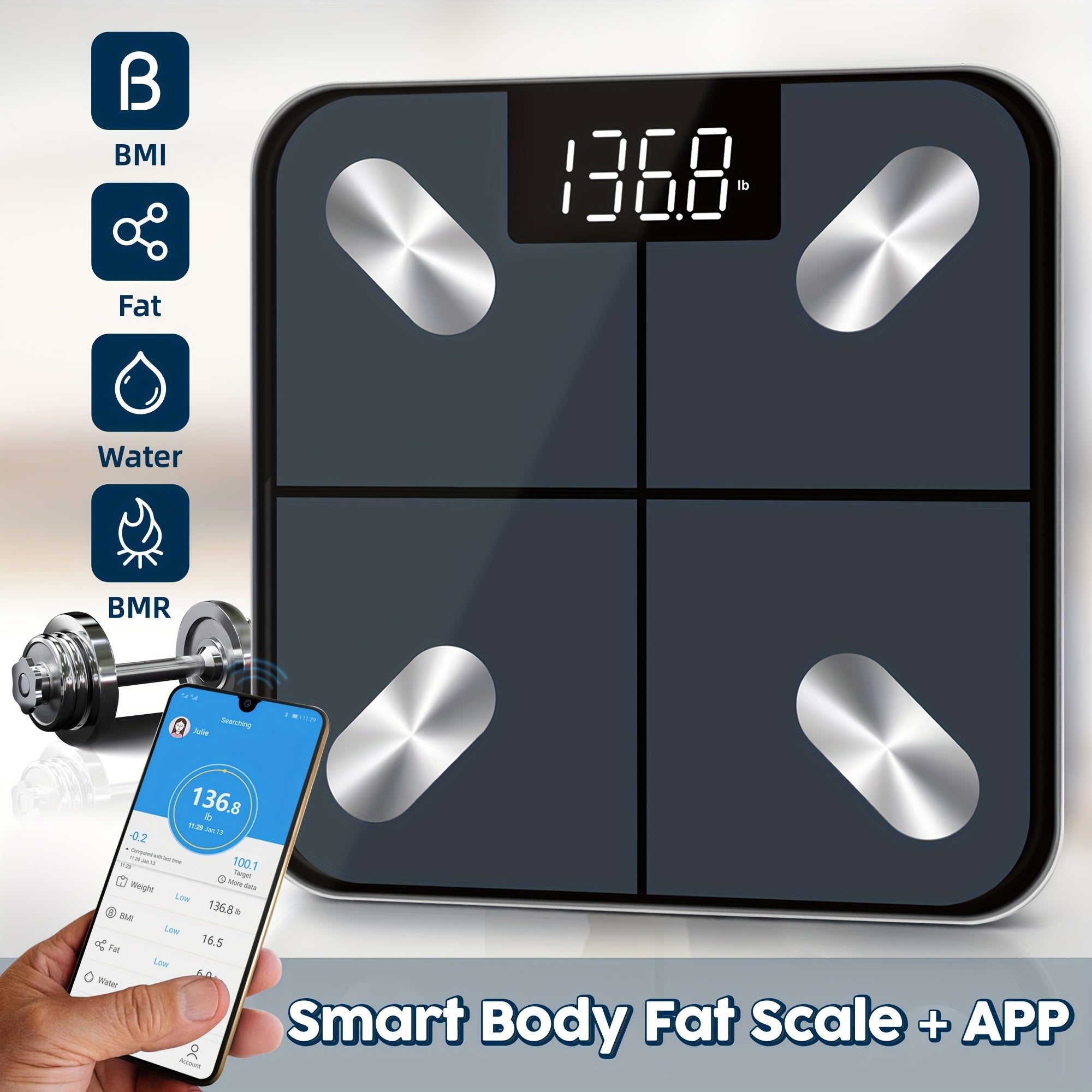 Body Fat Scale with App BMI Water BMR Max 180kg/400lb Battery Not Included
