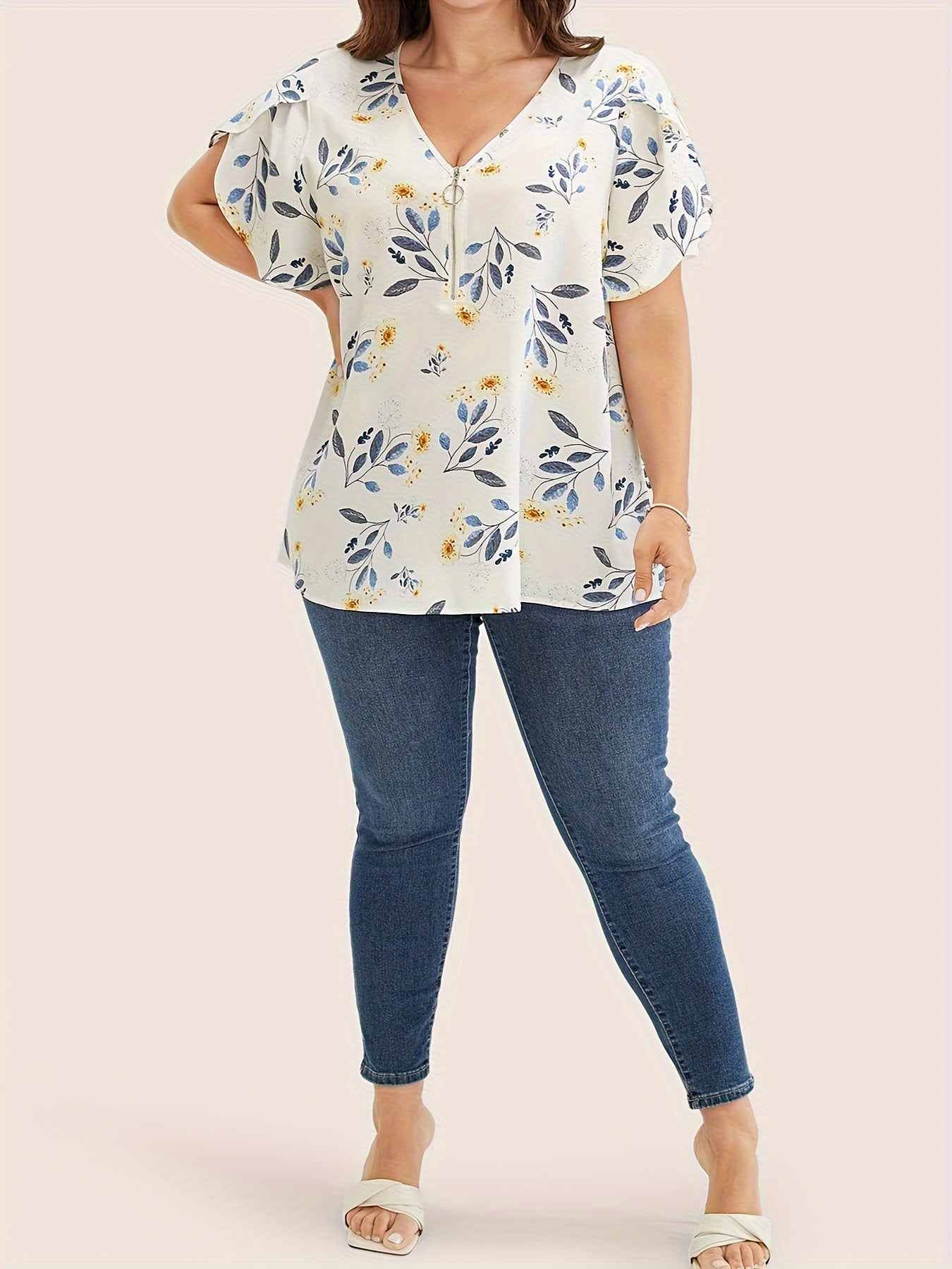 Plus Size Floral Print Blouse Casual V Neck Petal Sleeve Spring Women
