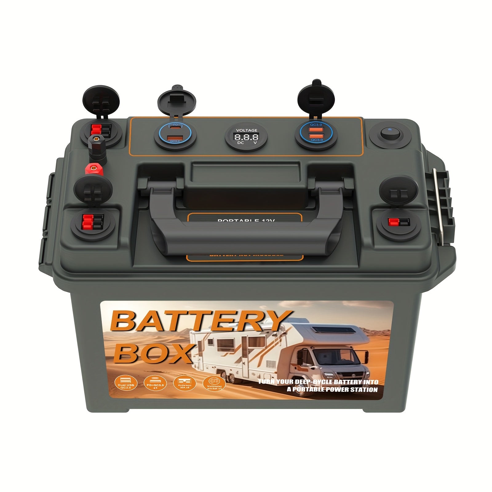 Portable Outdoor Battery Box with USB QC3.0 and Car Charger for RVs