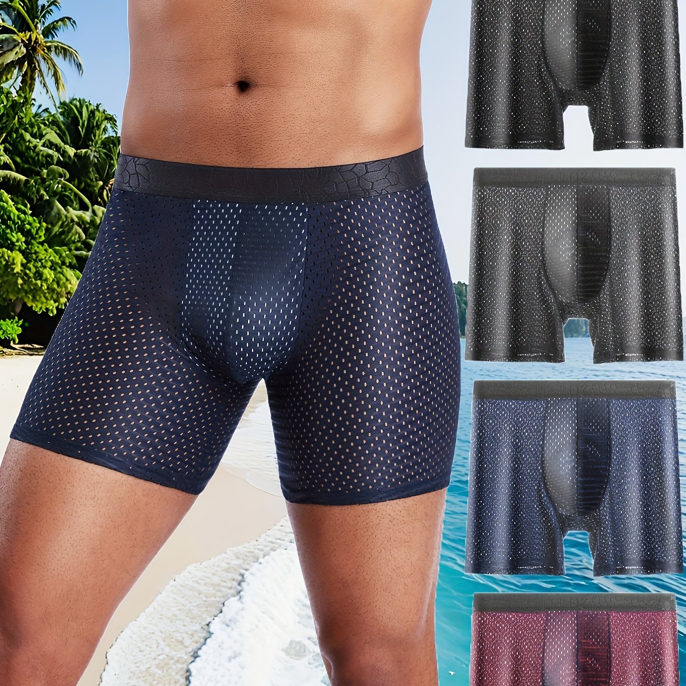 Men's Breathable Mesh Underwear Set with Extended Trouser Legs and Flat Seams