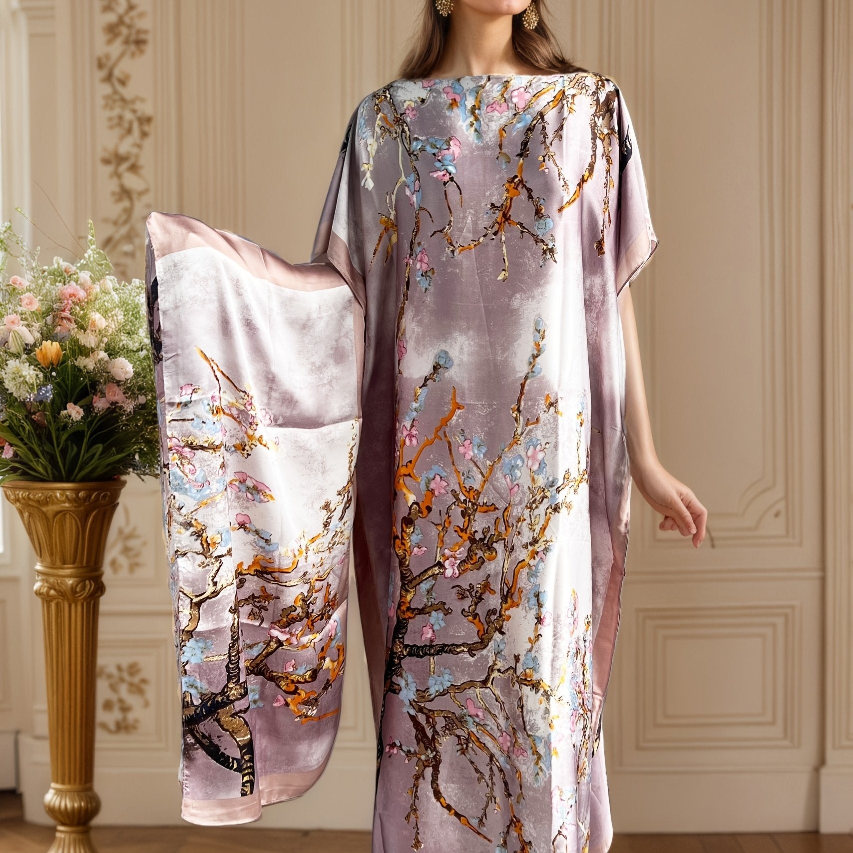 Plus Size Women's Floral Print Maxi Dress with Scarf Batwing Sleeves