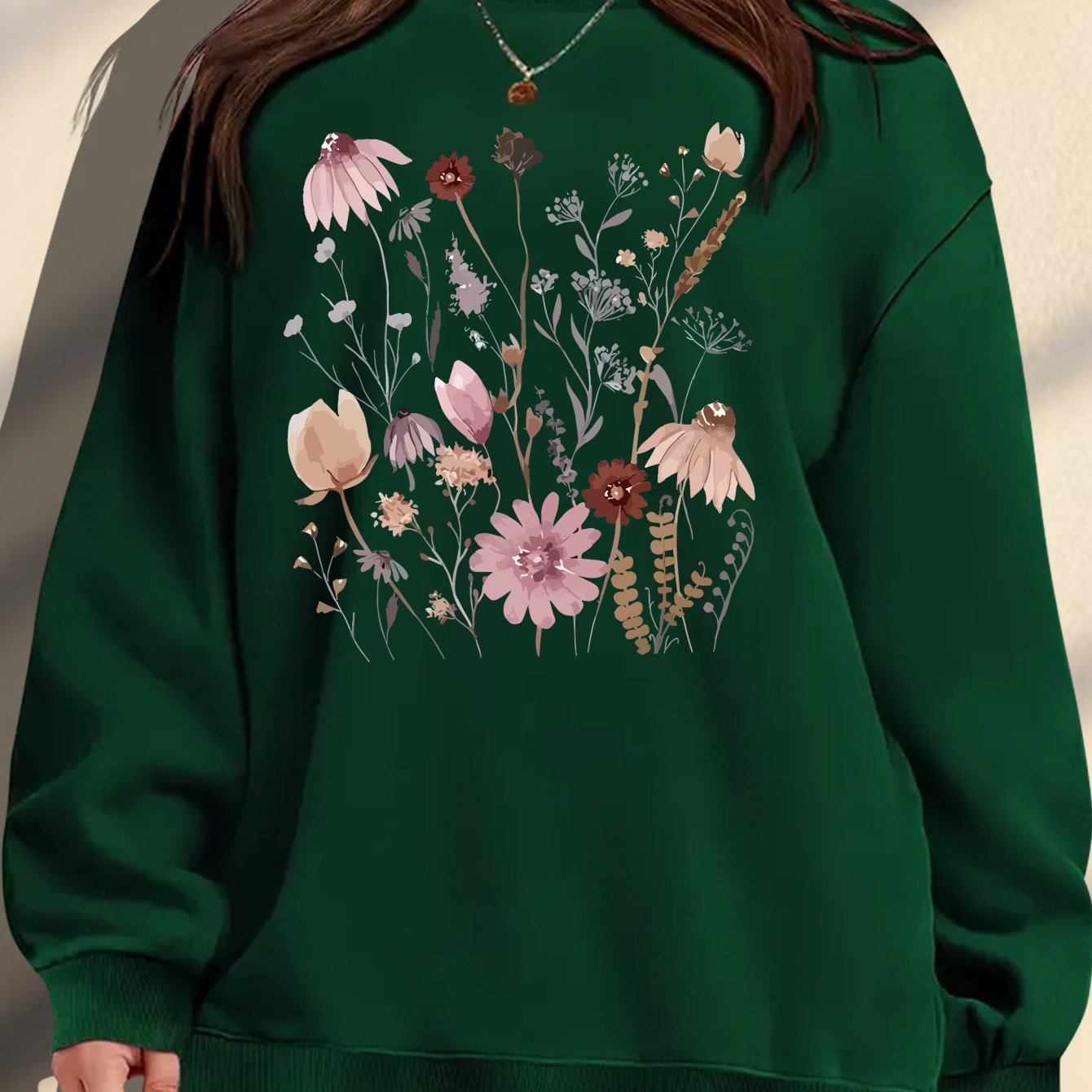 Women's Plus Size Floral Print Sweatshirt Cozy Maroon Pullover Autumn Wear