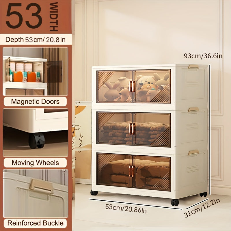 Складной пластиковый органайзер для хранения с дверцами и колесами для домашнего использования