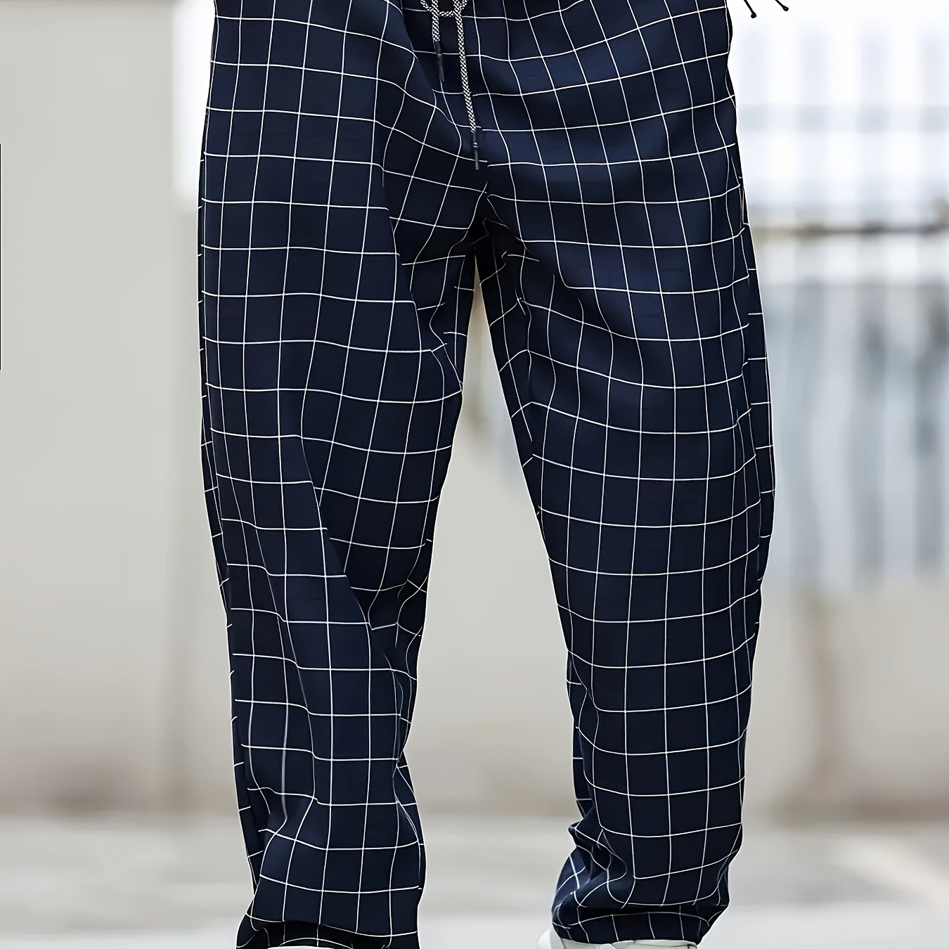 Pantalones jogger casual de cuadros de poliéster tejido de tamaño grande para hombre con cintura ajustable
