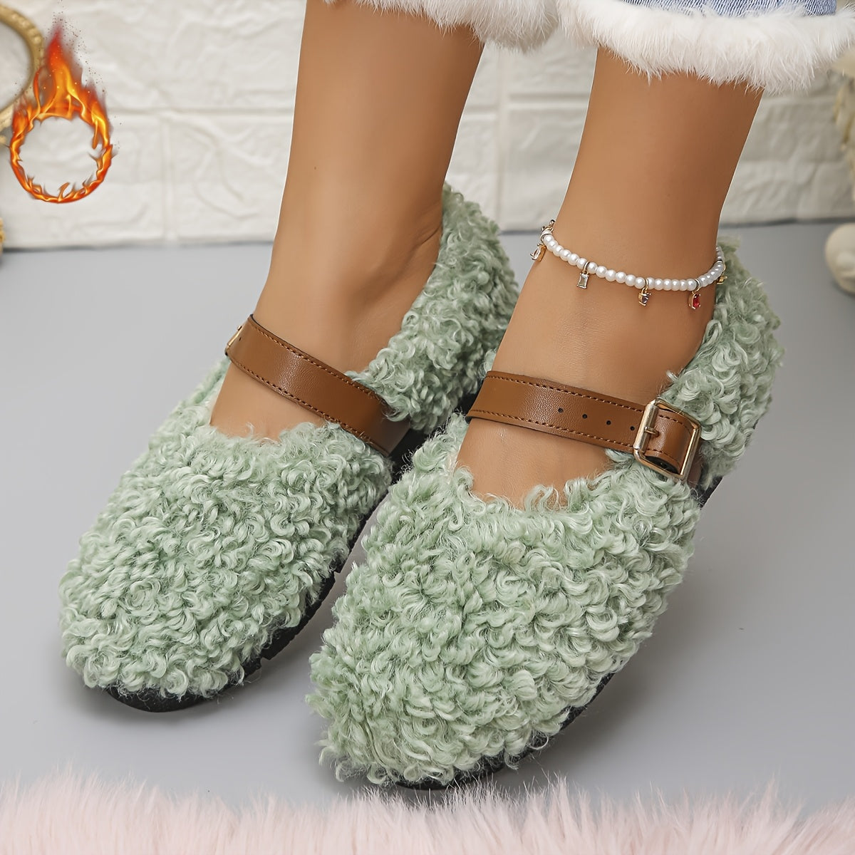 Women’s Plush Slip-On Shoes with Decorative Straps, Rubber Sole, Multiple Colors