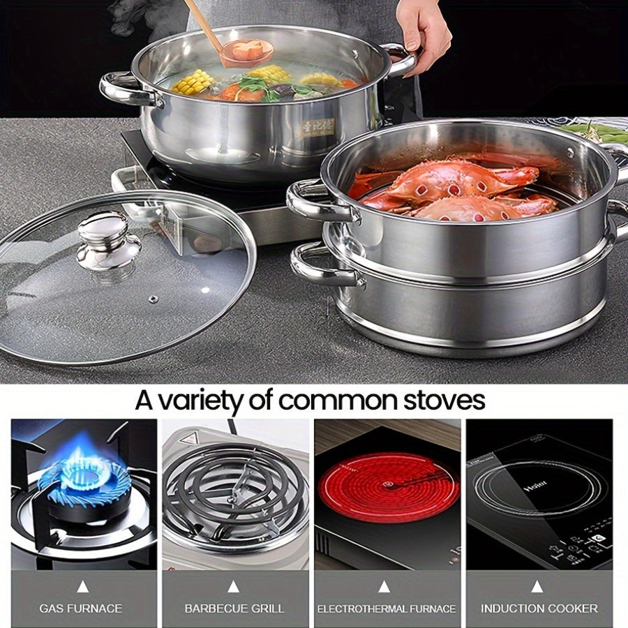 Stainless Steel Steamer Set 4 Pieces with Large Capacity 2 Tiers Soup Pot Lid