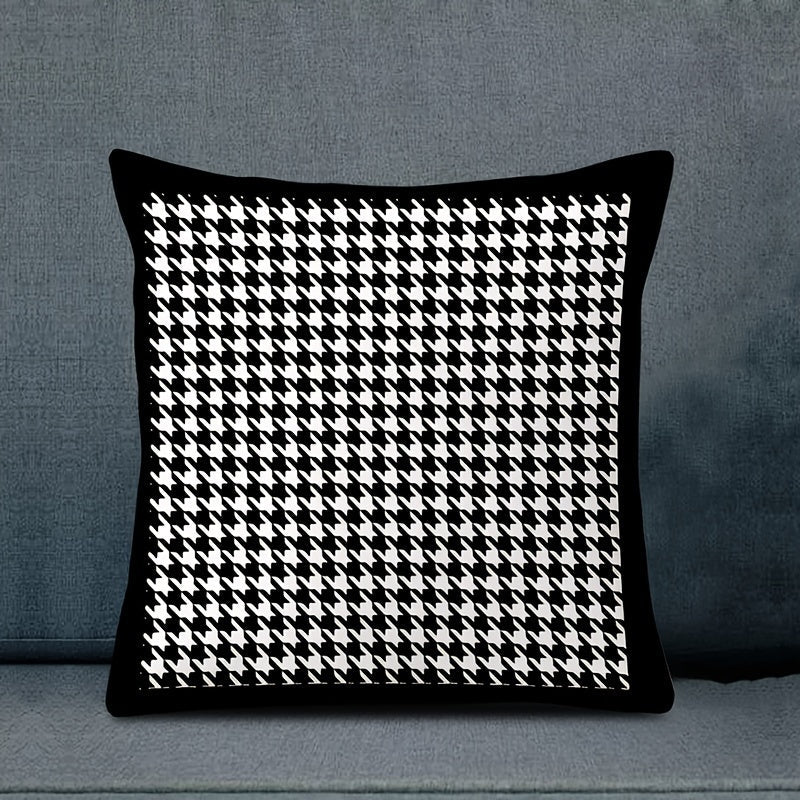 Reversible Contemporary Houndstooth Throw Pillow Cover 45cm Black and White Woven Polyester