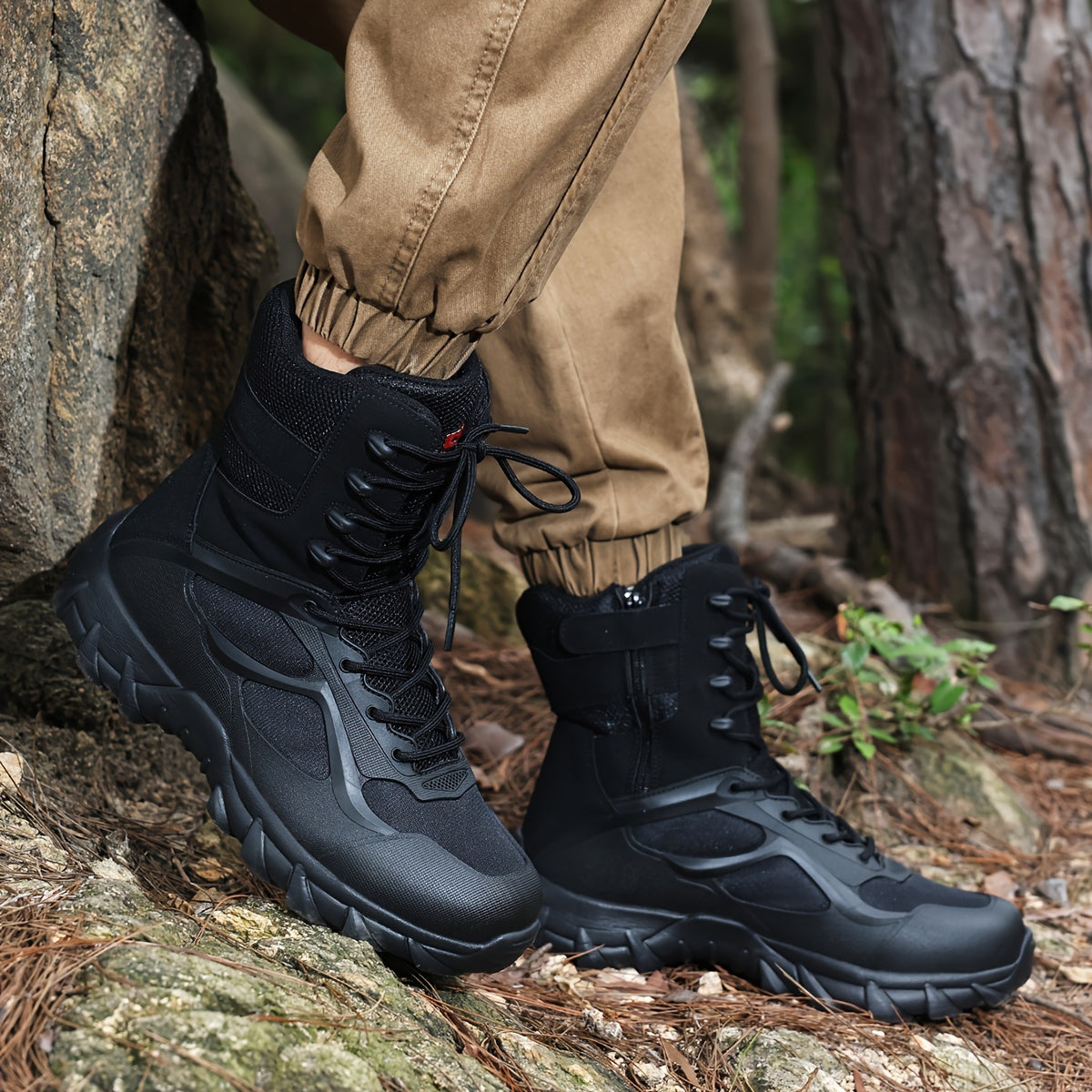 Men's Tactical High-Top Boots Lightweight All-Season Sports Zipper Lace Closure