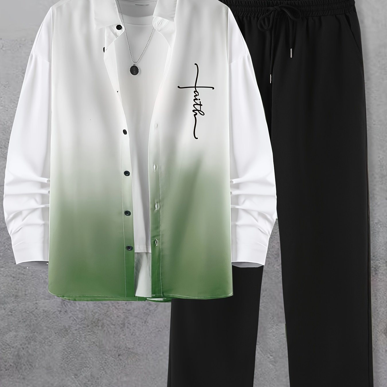 Men's Casual Fashion Set with Gradient Print Collar Shirt and Pants