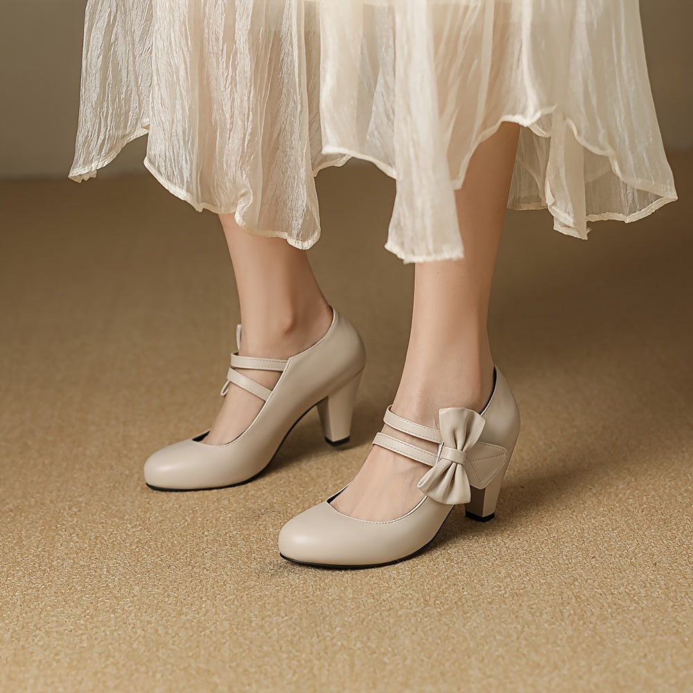 Women's PU Leather Round Toe Kitten Heel Pumps with Bowknot Ankle Straps