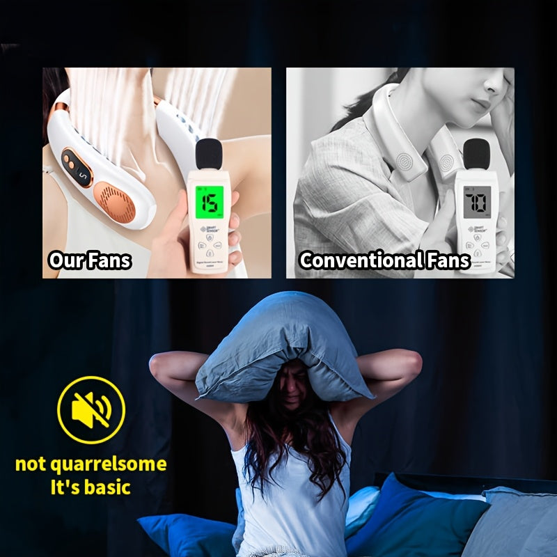 Portable Neck Fan with 7-Color LED Lights, Dual Turbo Outlets, 5-Speed