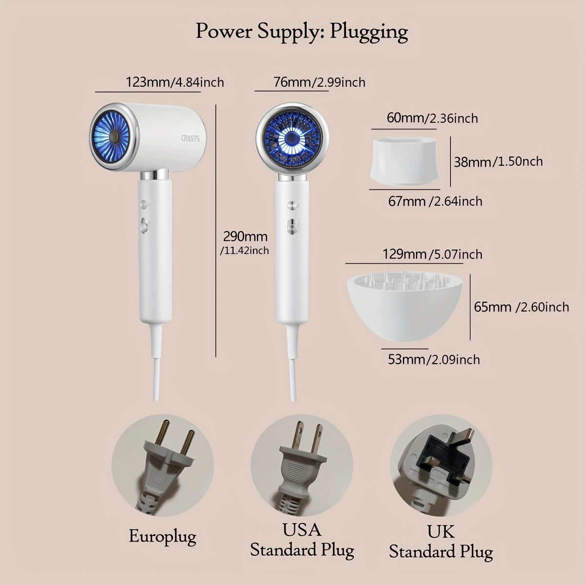 Household Hair Dryer with Negative Ion Care Hot Cold Wind 2000W Plastic