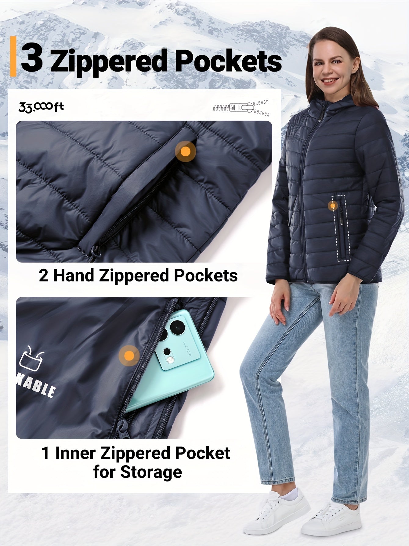 Women's Packable Quilted Puffer Jacket with Hood Waterproof Insulated Teal Blue