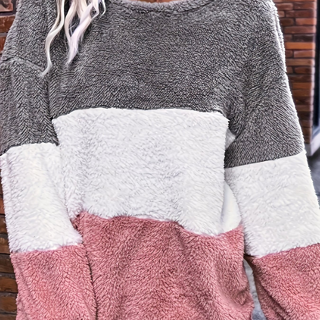 Plus Size Women's Fleece Hoodie Color Block Striped Loose Fit Pullover Winter Warmth