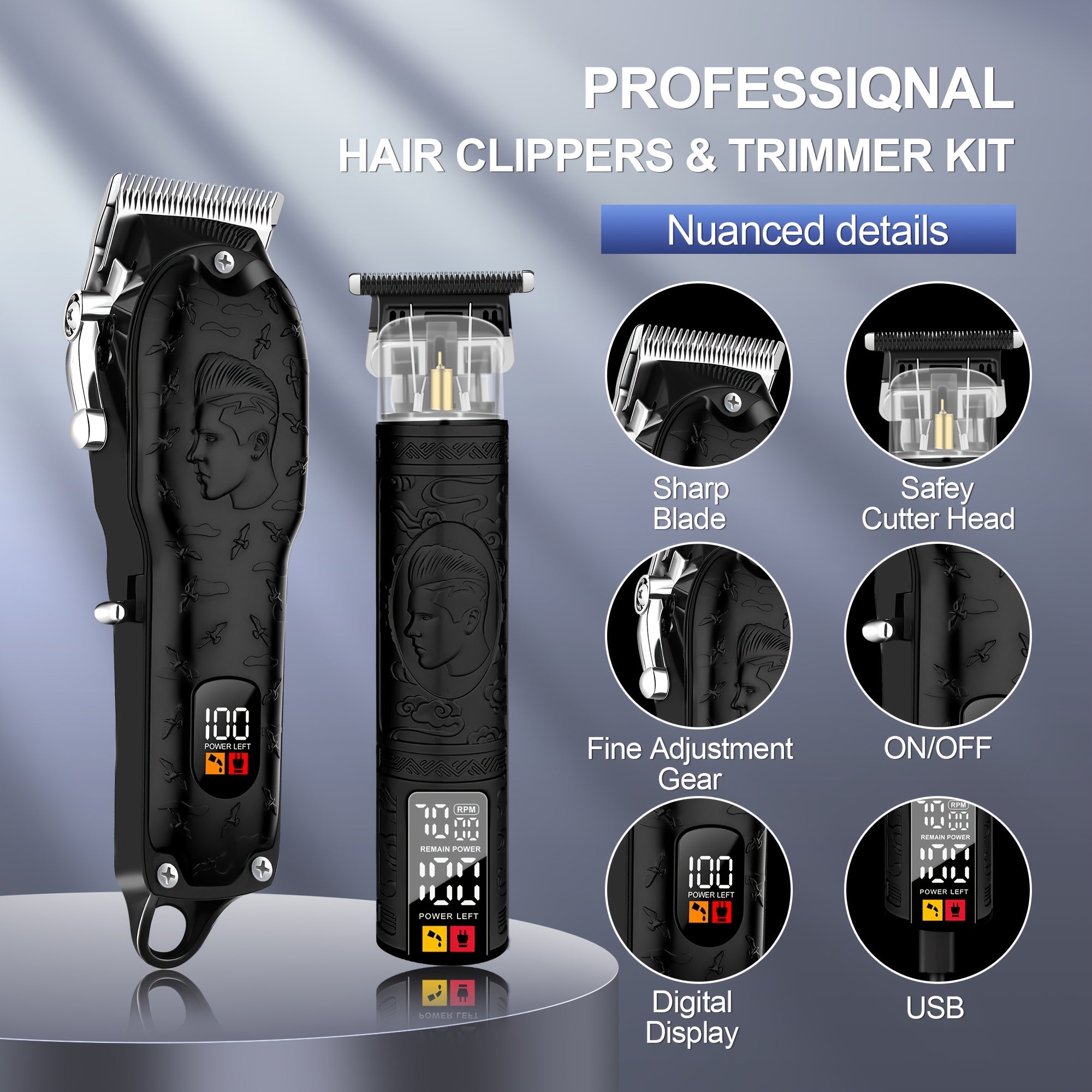 3pcs Men's Hair and Beard Trim Set Cordless Scissors Digital Display USB Rechargeable