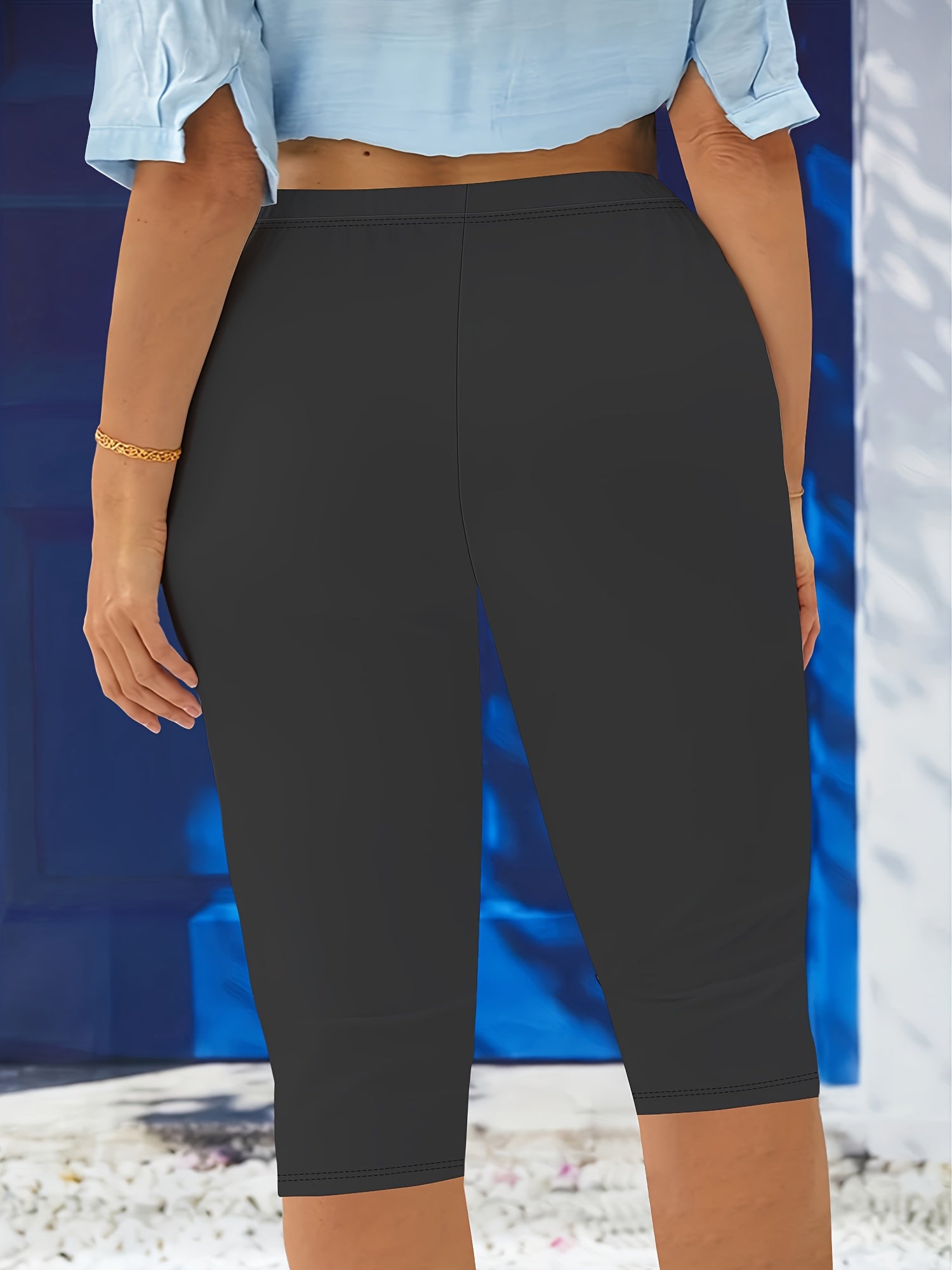 Pantalones capri de mujer de talla grande, de tiro alto y elástico, color sólido, verano casual