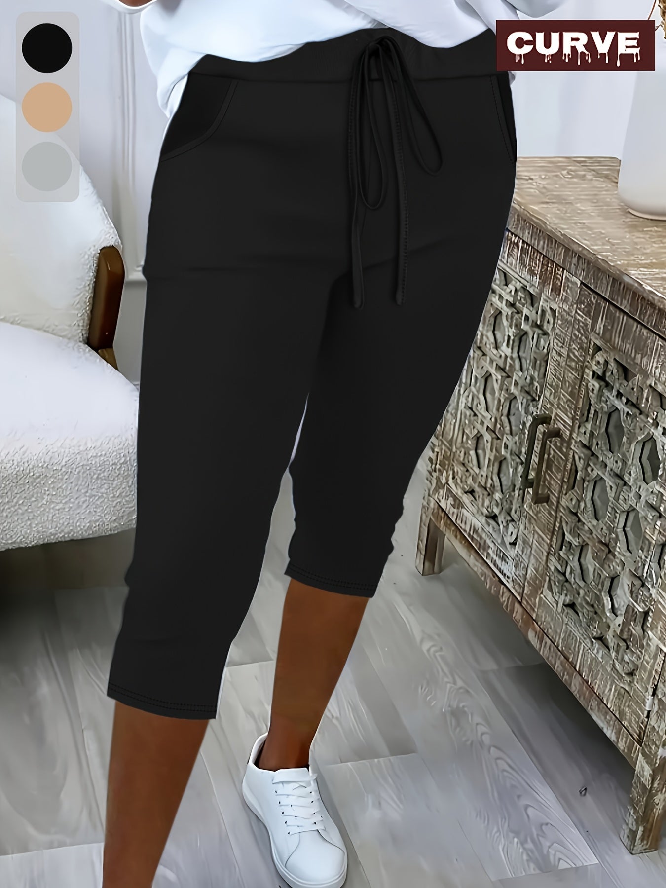 Women's Stretchy Capri Pants with Drawstring Waist Black Cropped Trousers
