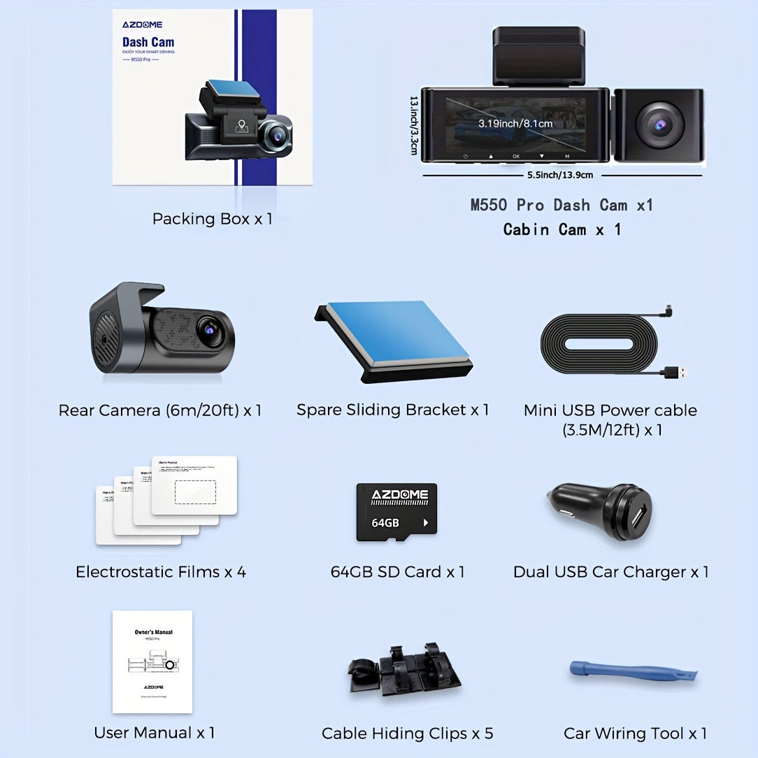 4K 3-канальная видеорегистратор с встроенным 5GHz WiFi, GPS, картой на 64 ГБ, передней, внутренней и задней 1440P+1080P+1080P, ночным видением, мониторингом парковки.
