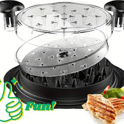 Tirnoqli qo‘l bilan burilish tutqichli go‘sht maydalagich, tovuq ko‘krak uchun. Tozalash oson va issiqlikka chidamli, yopishqoq bo‘lmagan asos bilan. Ko‘rish uchun shaffof qopqoq.