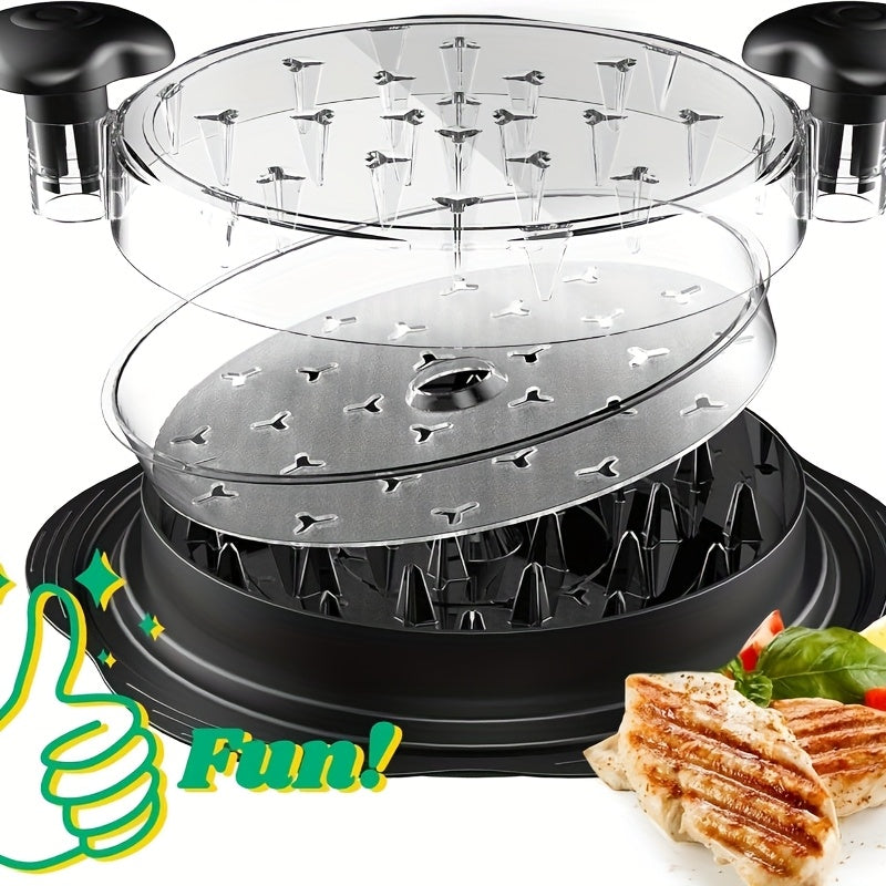 Tirnoqli qo‘l bilan burilish tutqichli go‘sht maydalagich, tovuq ko‘krak uchun. Tozalash oson va issiqlikka chidamli, yopishqoq bo‘lmagan asos bilan. Ko‘rish uchun shaffof qopqoq.