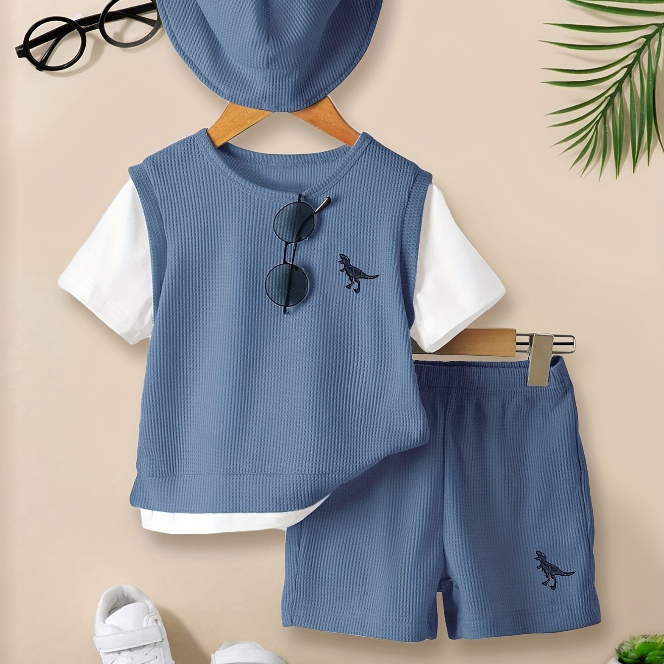 Waffle Pattern Matching Suit for Men and Children Short Sleeve T-Shirt and Shorts