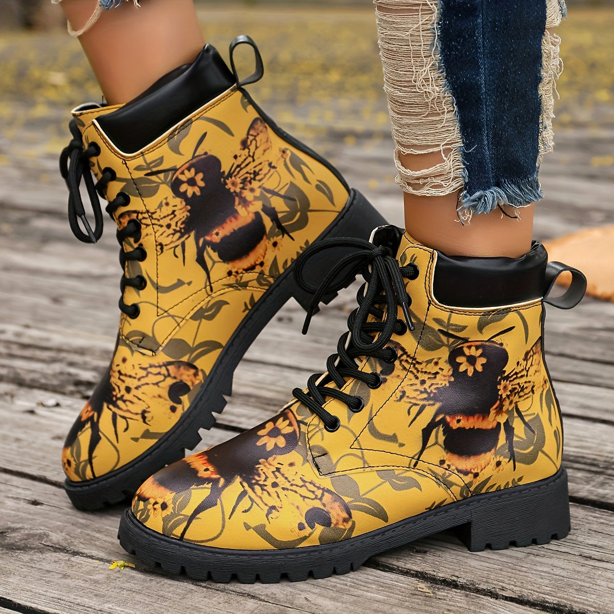 Women’s Western Ankle Boots Floral Insect Print Non-Slip Cushioned Yellow Black