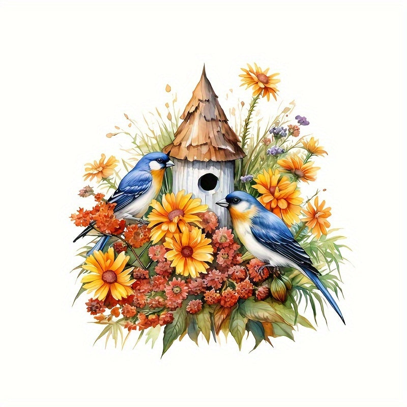 Matte Finish Vinyl Sticker Blue Birds Floral Birdhouse Decor 30cm