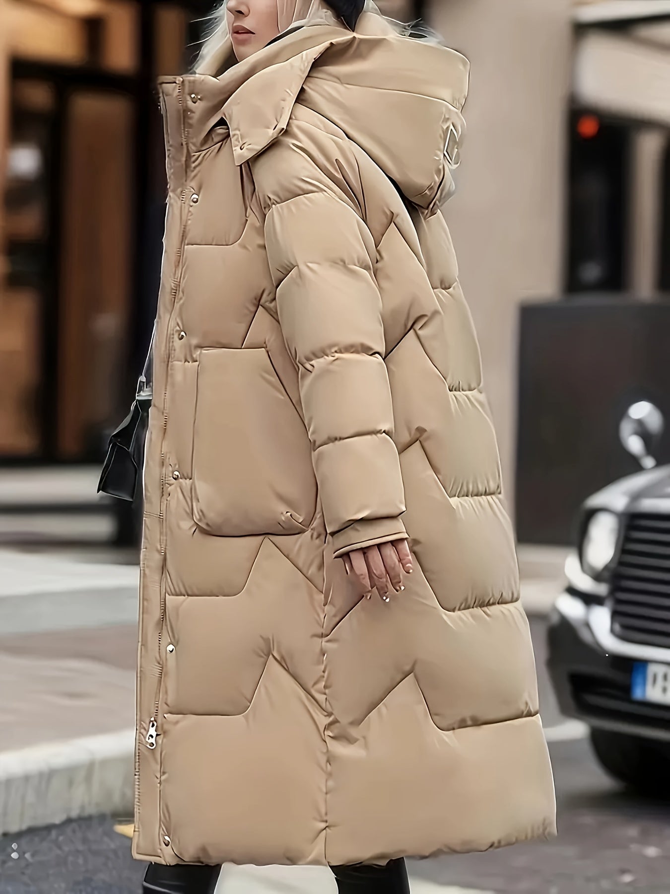 Women's Black Mid-Length Quilted Parka with Detachable Hood for Winter