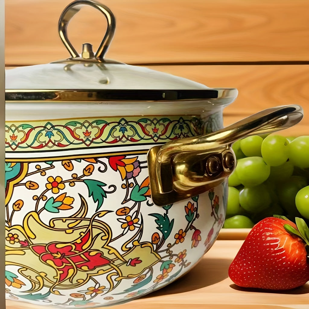 Vintage Enamel Stockpot 30cm Shallow Soup Pot with Lid Handle Induction Compatible