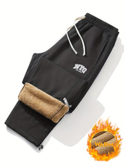 Men's Fleece-Lined Drawstring Joggers Black Plus Size Winter Sweatpants