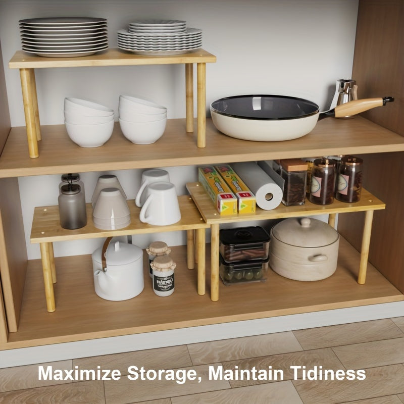 Set of 3 Bamboo Cabinet Organizers Adjustable Countertop Shelves Kitchen Storage Rack