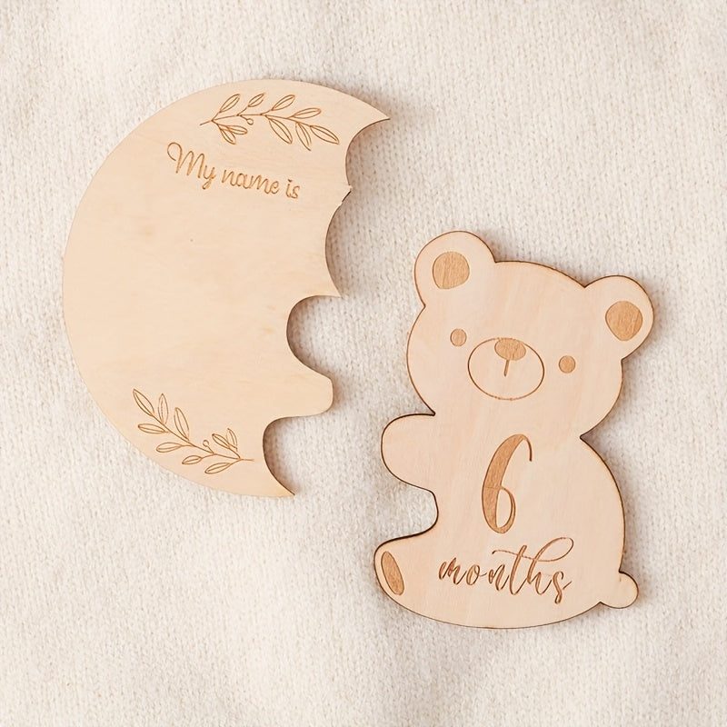 Baby Milestone Keepsake Wooden Teddy Bear Growth Record Card Set with Photo Props