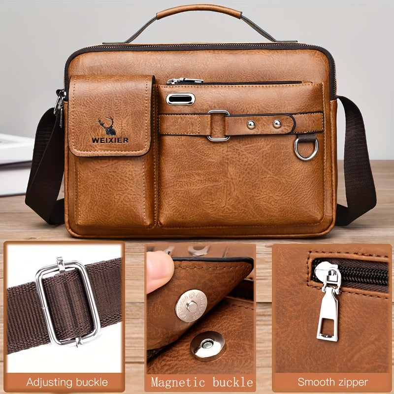 Men's PU Business Crossbody Bag Light Brown Adjustable Shoulder Strap for Office and Casual Use