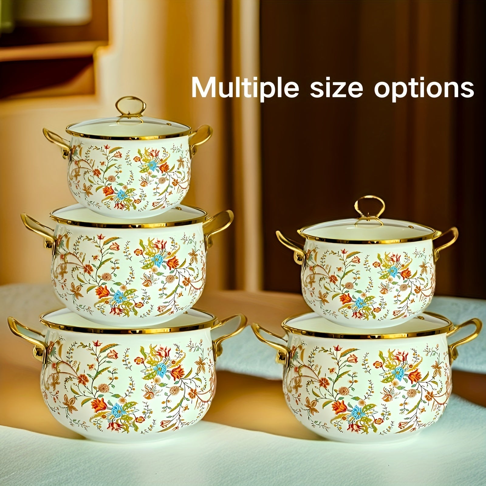 European Style Enameled Pot Set with Floral Design Non-Stick Coating Various Sizes