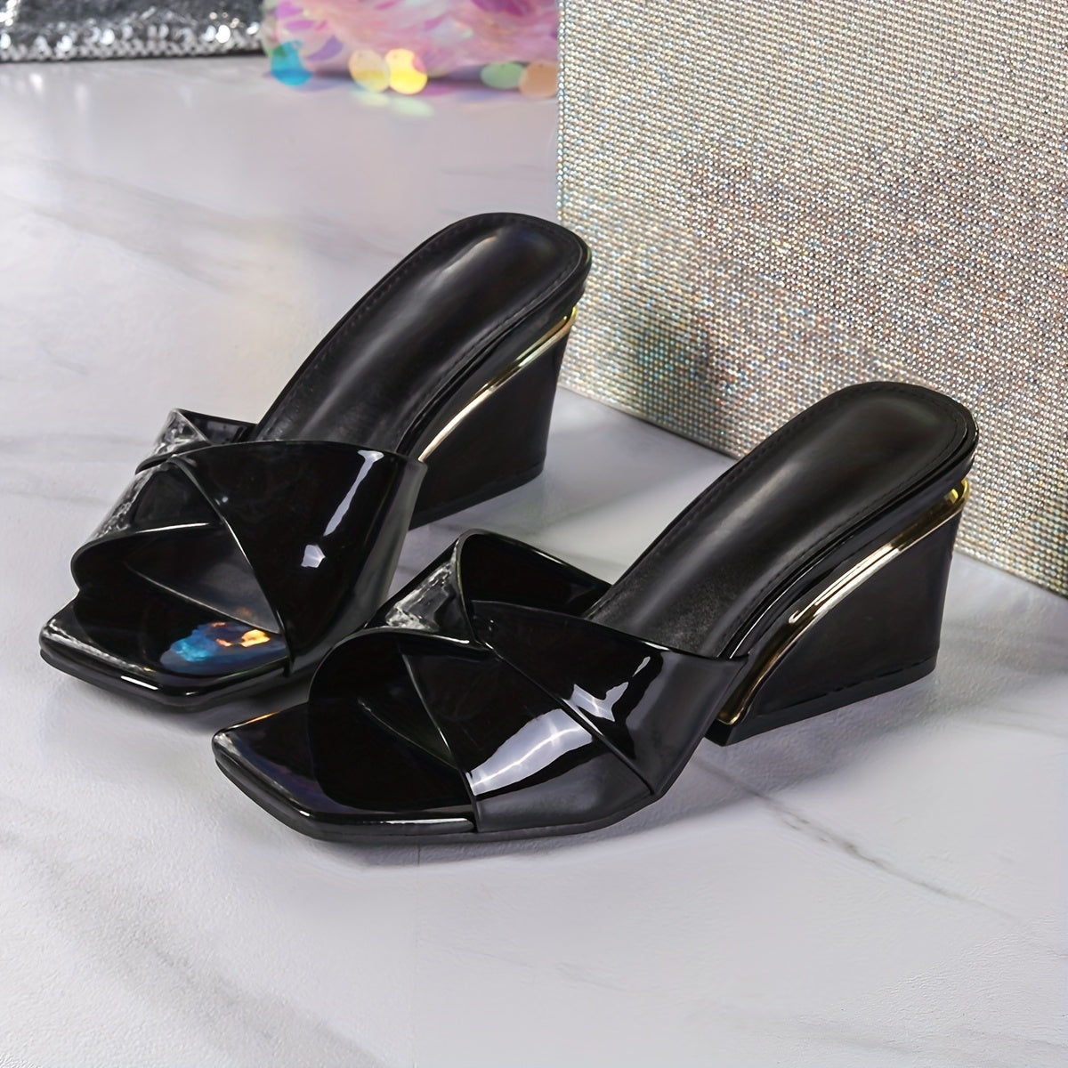 Women's Summer Chunky Wedge Heel Sandals - Square Toe Peep-Toe Gold Accents