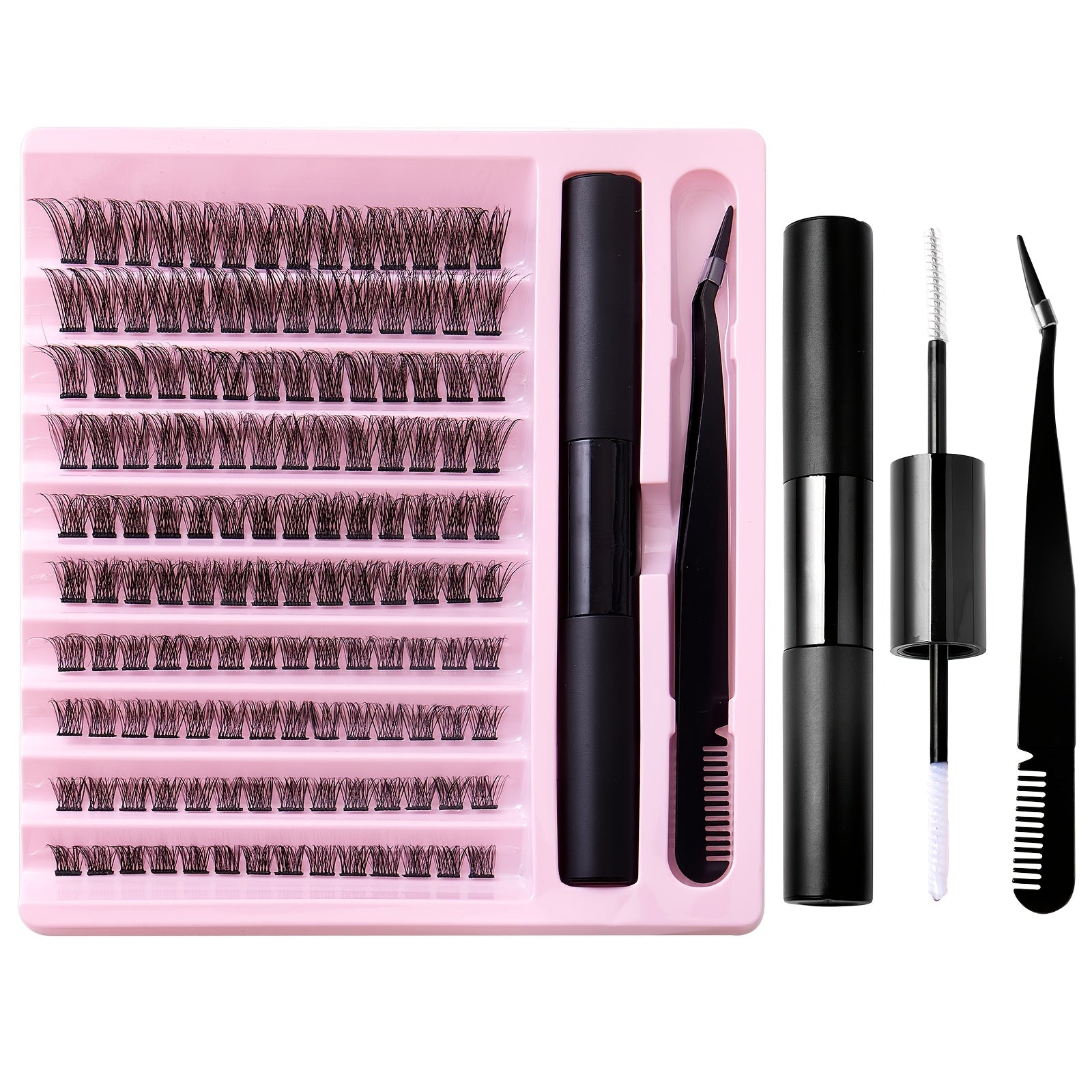 Pink False Eyelashes Set with Glue Tweezers 8-16mm C Curl Natural Fluffy Easy to Apply
